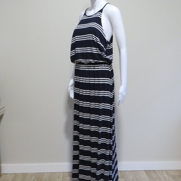 LOFT Striped Maxi Dress SIZE Medium Blue White Stretch Keyhole Button - Picture 4 of 9
